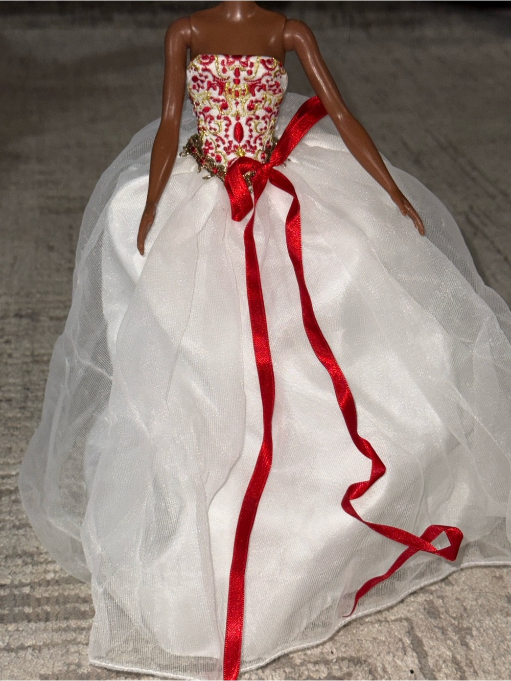 Barbie Mattel holiday white red dress strapless full skirt